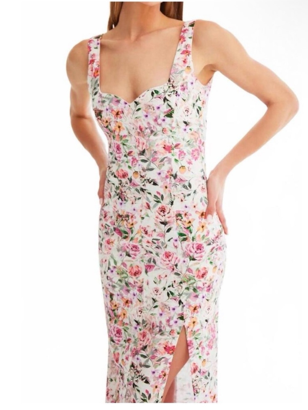 NWT Generation Love Eugenia Floral Linen Pink Split-Front Midi Dress XL - Picture 6 of 16